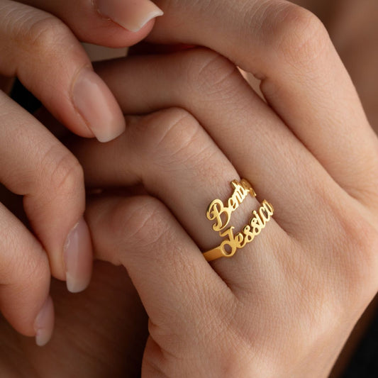 Silver Double Name Ring, Two Name Ring, Personalized Ring
