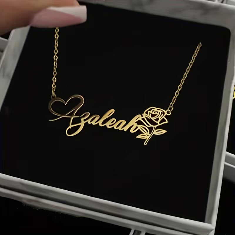 Customized Rose Name Necklace, Romantic Love Style Font Necklace, Best Gift for Her, Women's Wedding Jewelry, English Only