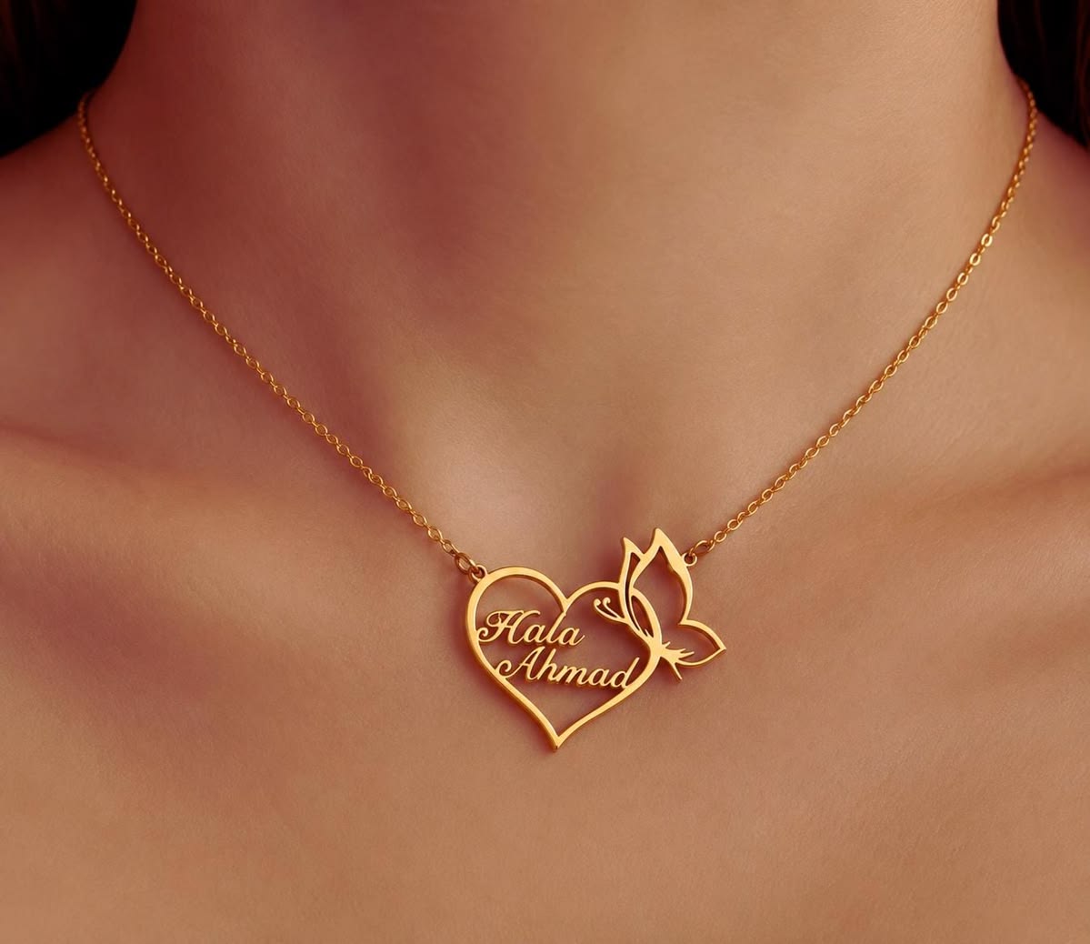 Personalized / Custom 2 Names Necklace | Heart & Butterfly Pendant | Gold or Silver | Unique Gift for Her