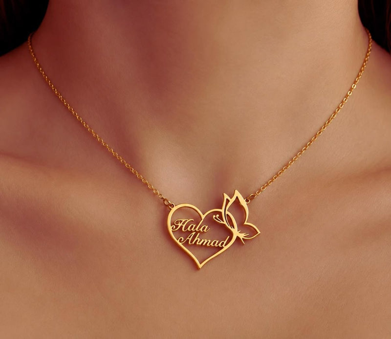 Personalized / Custom 2 Names Necklace | Heart & Butterfly Pendant | Gold or Silver | Unique Gift for Her