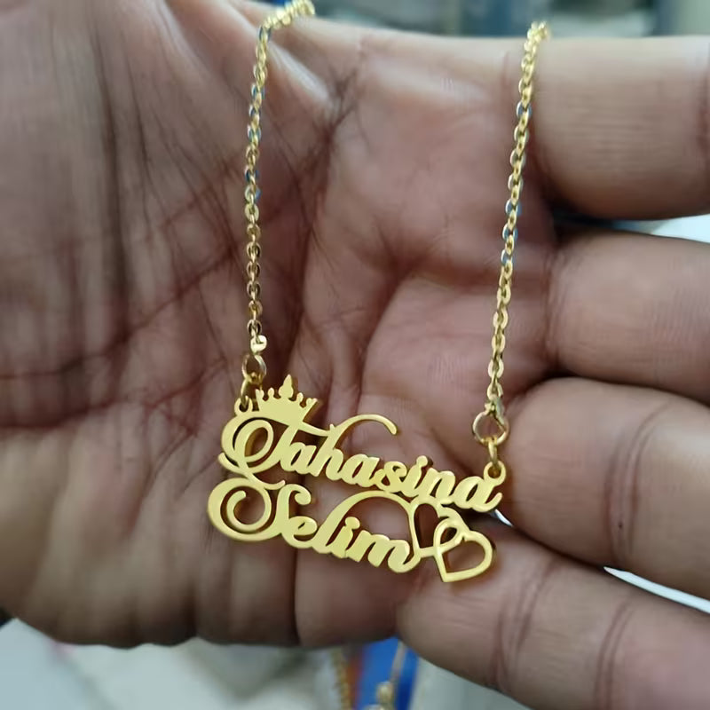 Custom Crown Heart Name Necklace, Personalized Couple Lover Friend Two Names Necklace