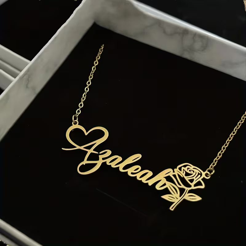 Customized Rose Name Necklace, Romantic Love Style Font Necklace, Best Gift for Her, Women's Wedding Jewelry, English Only